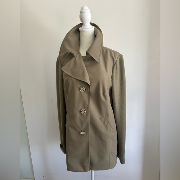 PerSe Carlisle Taupe Trench Coat 3/4 Length, Knit Sleeves,Lined mid weight NWOT - Picture 1 of 14
